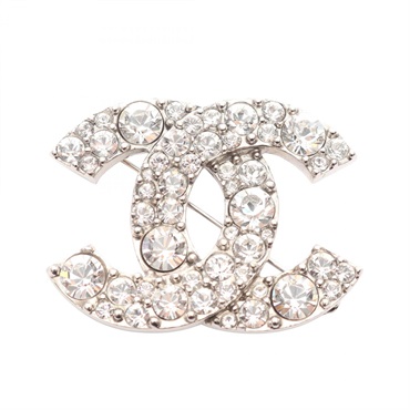 CHANEL COCO Mark Brooch pin Gold Plated Rhinestone Silver Used Women CC