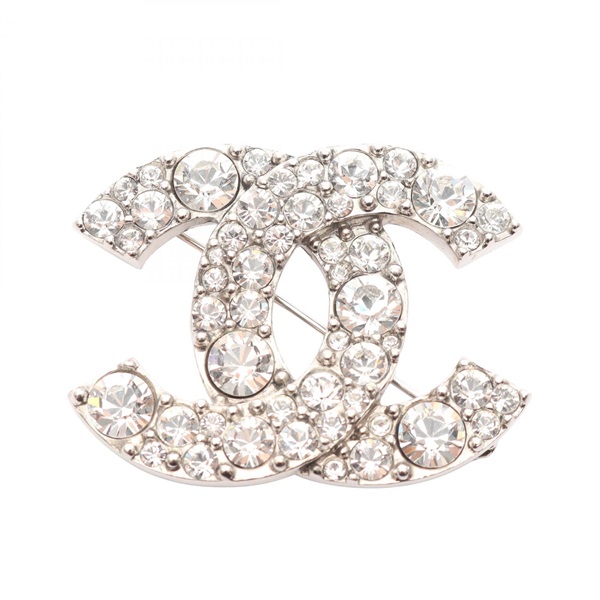CHANEL COCO Mark Brooch pin Gold Plated Rhinestone Silver Used Women CC