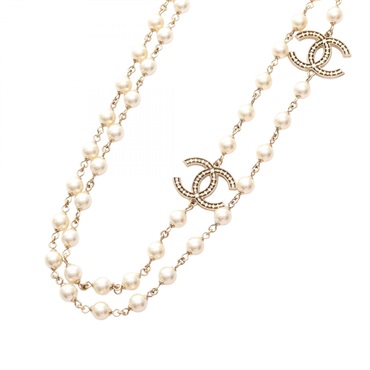 CHANEL CC Logo Necklace 110~113cm Gold Plated Artificial pearl White Used Women
