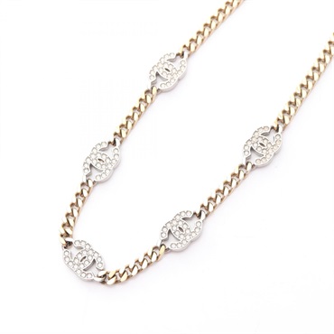 CHANEL CC Logo Choker Necklace 32~40cm Gold Plated Rhinestone Used Women Coco
