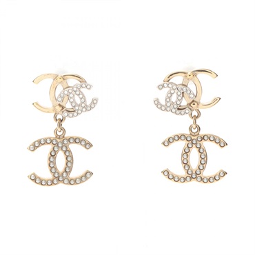 CHANEL CC Logo Pierced Earrings Gold Plated Artificial pearl White Used Women