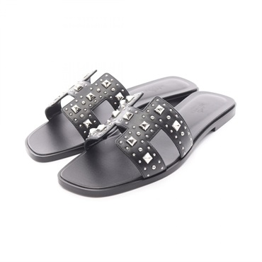 HERMES Oran Mule sandal flat studs shoes leather Black Women #39