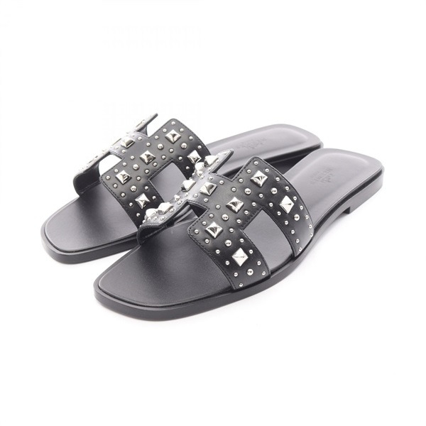 HERMES Oran Mule sandal flat studs shoes leather Black Women #39