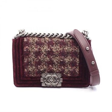 CHANEL Boy Chanel Small chain Shoulder Bag tweed velor Bordeaux Beige Used Women