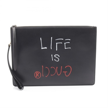 GUCCI LIFE IS GUCCI business second clutch bag 433665 leather Black Used unisex