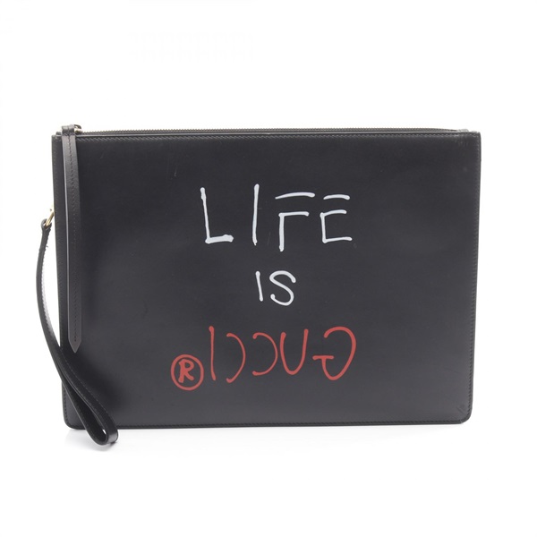 GUCCI LIFE IS GUCCI business second clutch bag 433665 leather Black Used unisex