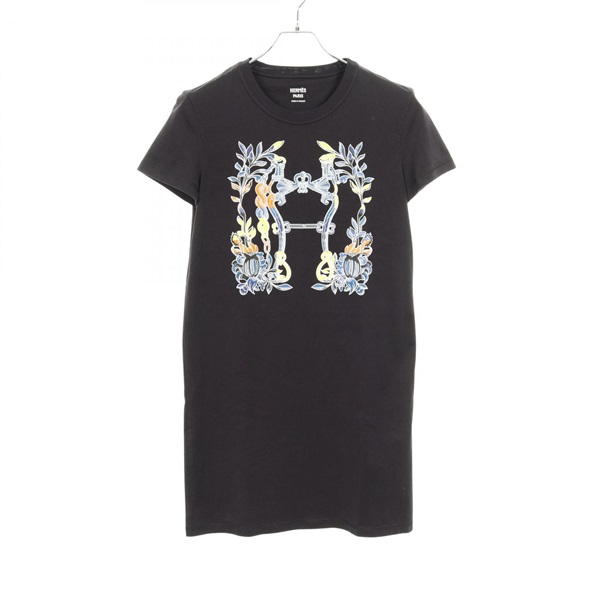 HERMES Cartouche long T-shirt Dress 4E4530DA cotton Black Used Women #34