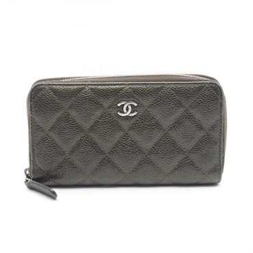 CHANEL Matelasse Round wallet A80481 leather Grained calfskin Khaki Used SHW CC