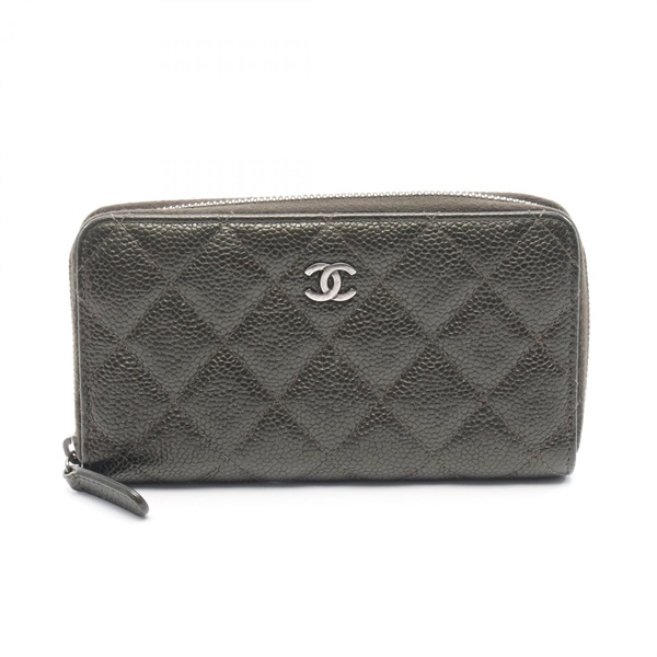 CHANEL Matelasse Round wallet A80481 leather Grained calfskin Khaki Used SHW CC