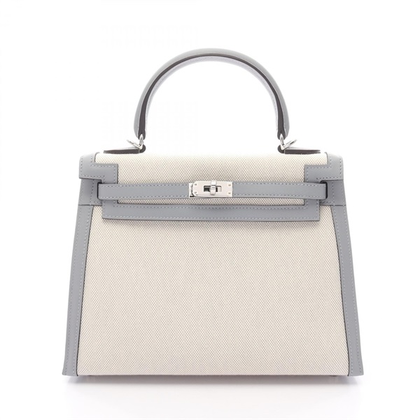 HERMES Kelly 25 shoulder Handbag K Toile H Swift leather Blue glacier Ecru SHW