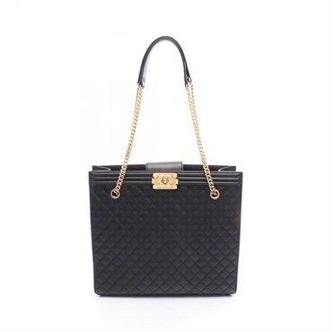 CHANEL Boy Chanel Chain Shopping Shoulder Tote Bag Lamb leather Black GHW Used