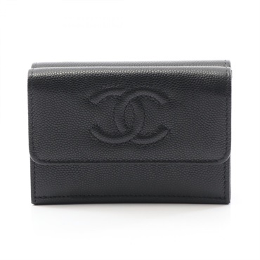 CHANEL COCO Mark Tri-fold wallet compact purse Grained calf leather Black SHW