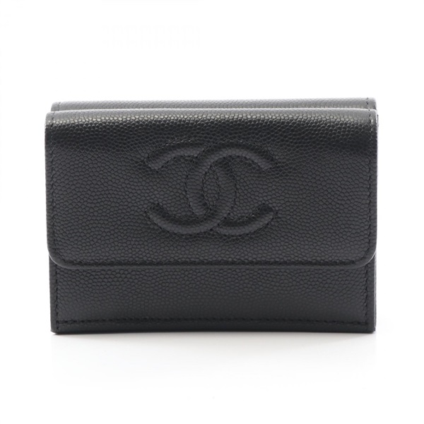 CHANEL COCO Mark Tri-fold wallet compact purse Grained calf leather Black SHW