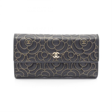 CHANEL COCO Mark Camelia Bifold long wallet purse Lambskin Black Gold Used GHW