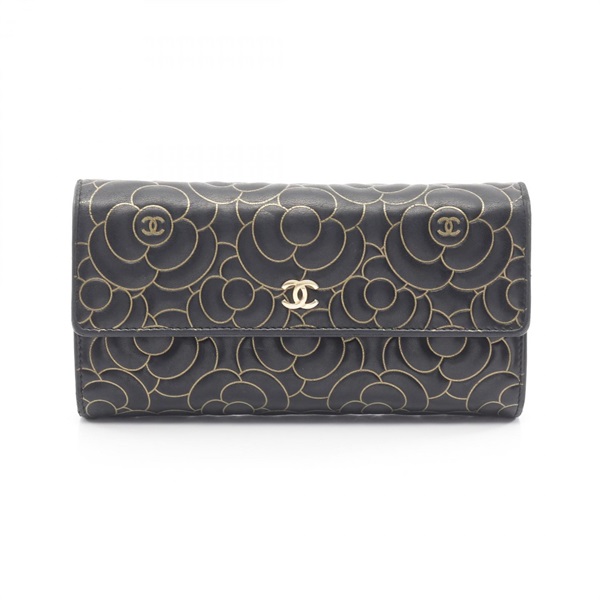 CHANEL COCO Mark Camelia Bifold long wallet purse Lambskin Black Gold Used GHW