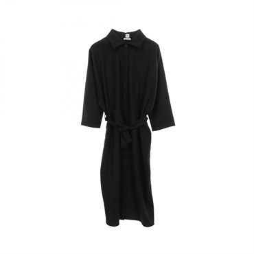 HERMES Shirt Dress half sleeve plain wool Black Used Women #36