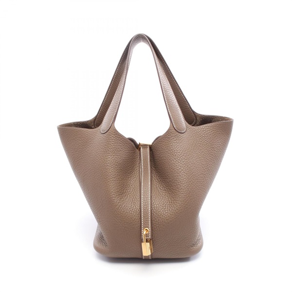 HERMES Picotin Lock MM Handbag Clemence leather Brown Etoupe Grey Used C GHW