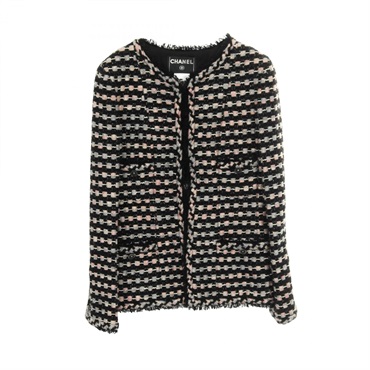 CHANEL tweed collarless jacket #38 P29539V19609 Nylon wool cotton Black Pink