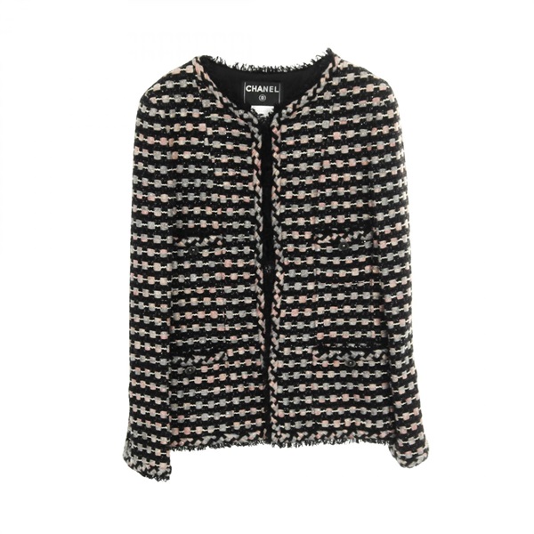 CHANEL tweed collarless jacket #38 P29539V19609 Nylon wool cotton Black Pink