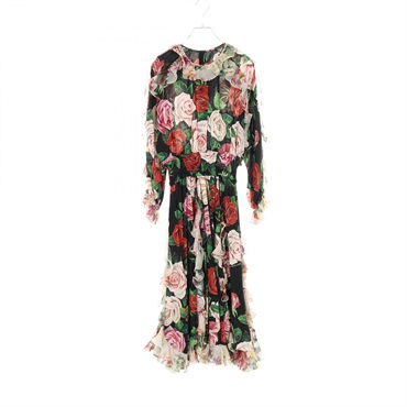 DOLCE & GABBANA long Dress silk Black Pink Red Rose Used Women #42