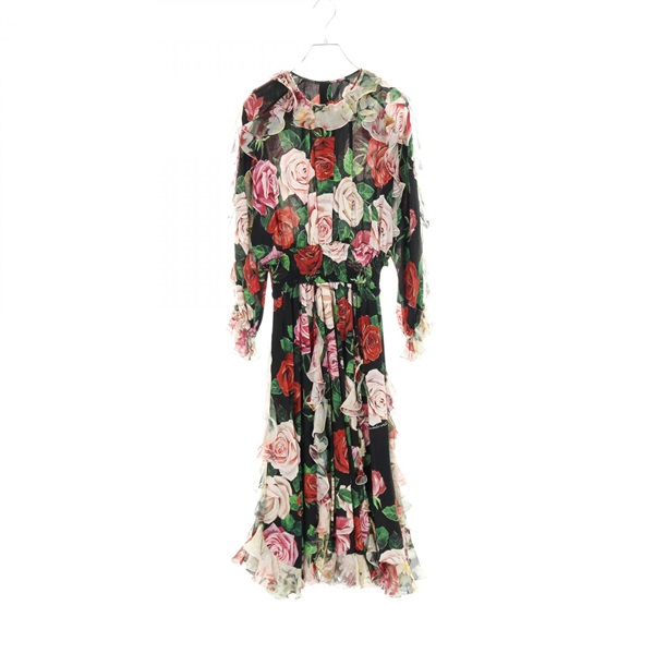 DOLCE & GABBANA long Dress silk Black Pink Red Rose Used Women #42