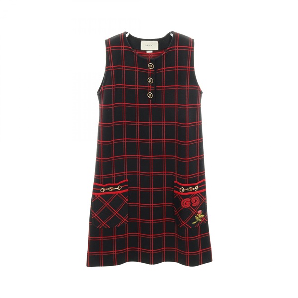 GUCCI GG Patch Horsebit Dress Wool Black Red Size S Used Women