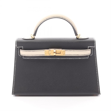 HERMES Mini Kelly 2 Shoulder Handbag Epsom leather Black Beige Cle Used GHW W