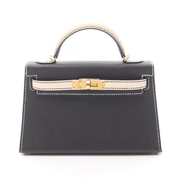 HERMES Mini Kelly 2 Shoulder Handbag Epsom leather Black Beige Cle Used GHW W