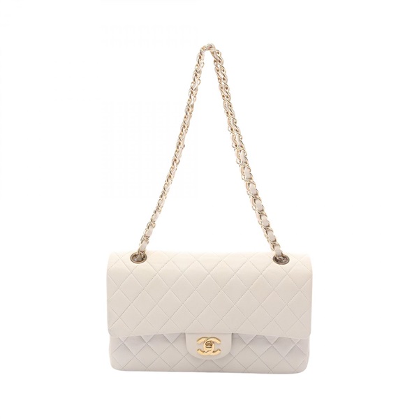 CHANEL Matelasse double flap Shoulder Bag Lamb sheep leather White Used GHW CC