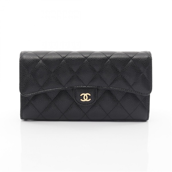CHANEL Matelasse Bifold long wallet purse A80758 leather Black Used GHW Women