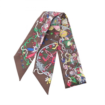 HERMES Twilly LA FOLLE PARADE Scarf silk Brown White Red Multicolor Used Women