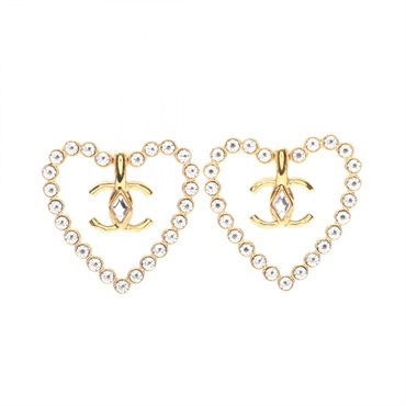 CHANEL COCO Mark heart Pierced earrings Gold Plated Rhinestone Used CC