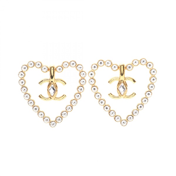 CHANEL COCO Mark heart Pierced earrings Gold Plated Rhinestone Used CC