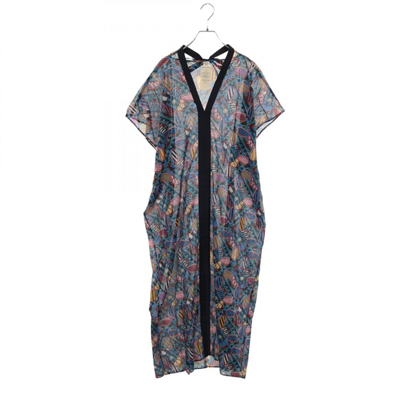 HERMES En Roue Libre Beach Kaftan Dress cotton Navy Blue Used Women #TU