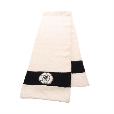 CHANEL Camelia Stole scarf cashmere Beige Black Used Women CC Coco