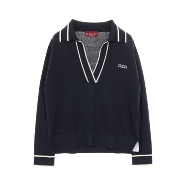 GUCCI Polo shirt #XS sweater silk cotton Navy Used Women