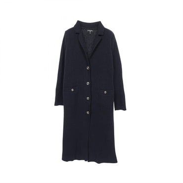 CHANEL COCO Mark Button long Knitwear cardigan #40 cotton Navy Used Women CC