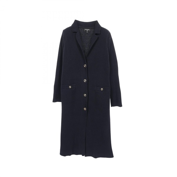 CHANEL COCO Mark Button long Knitwear cardigan #40 cotton Navy Used Women CC