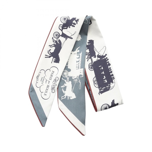 HERMES Twilly PARIS qui ROULE long Scarf echarpe silk leather White Gray Used
