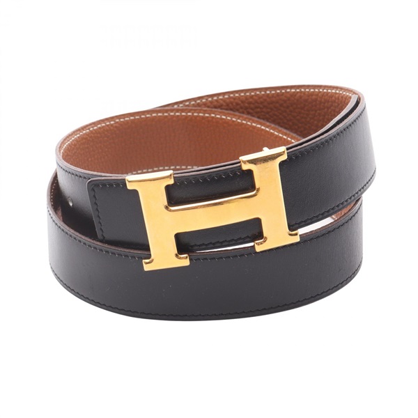 HERMES Constance H Belt ceinture H leather Togo Black Brown Used mens GHW