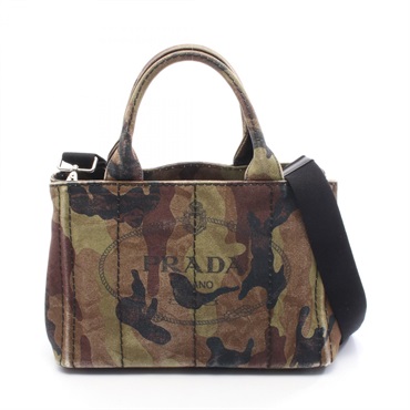 PRADA CANAPA Shoulder Tote Bag Crossbody B2439G canvas Khaki Black Used Women