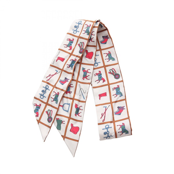 HERMES Twilly Couvertures et Tenues de Jour Scarf silk White Used Women