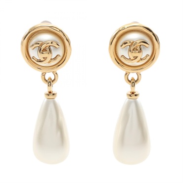 CHANEL COCO Mark Clip-on Earrings Gold Plated Artificial pearl White Used
