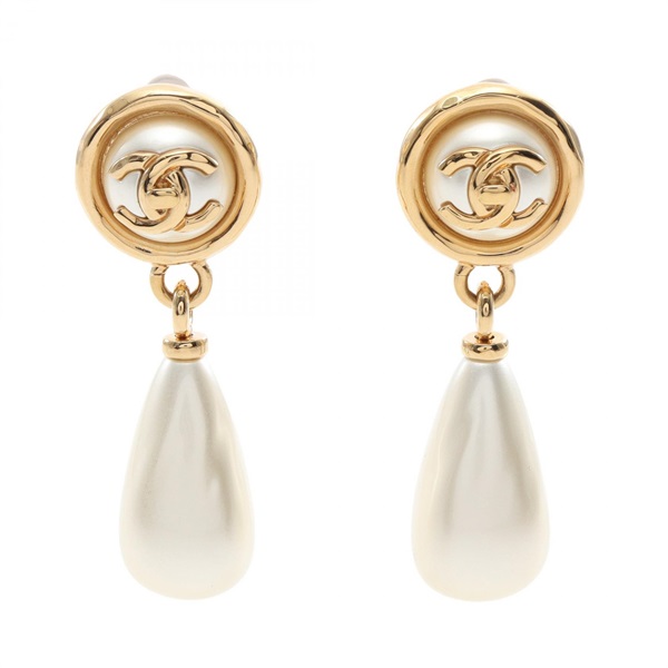 CHANEL COCO Mark Clip-on Earrings Gold Plated Artificial pearl White Used