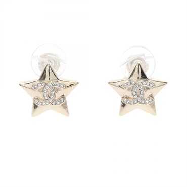 CHANEL COCO Mark Star Earring Gold Plated Rhinestone Clear Used Women CC