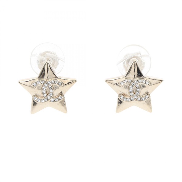 CHANEL COCO Mark Star Earring Gold Plated Rhinestone Clear Used Women CC