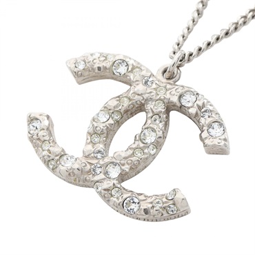 CHANEL COCO Mark Necklace Pendant 42~60cm Stainless Steel Rhinestone Used Women