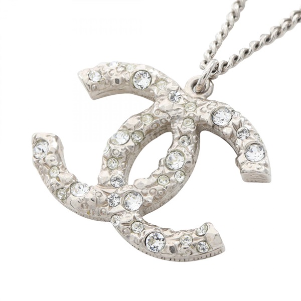 CHANEL COCO Mark Necklace Pendant 42~60cm Stainless Steel Rhinestone Used Women