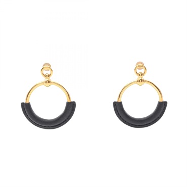 HERMES Loop grand Pierced earrings leather Gold Plated Black Used women
