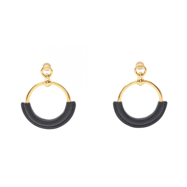 HERMES Loop grand Pierced earrings leather Gold Plated Black Used women